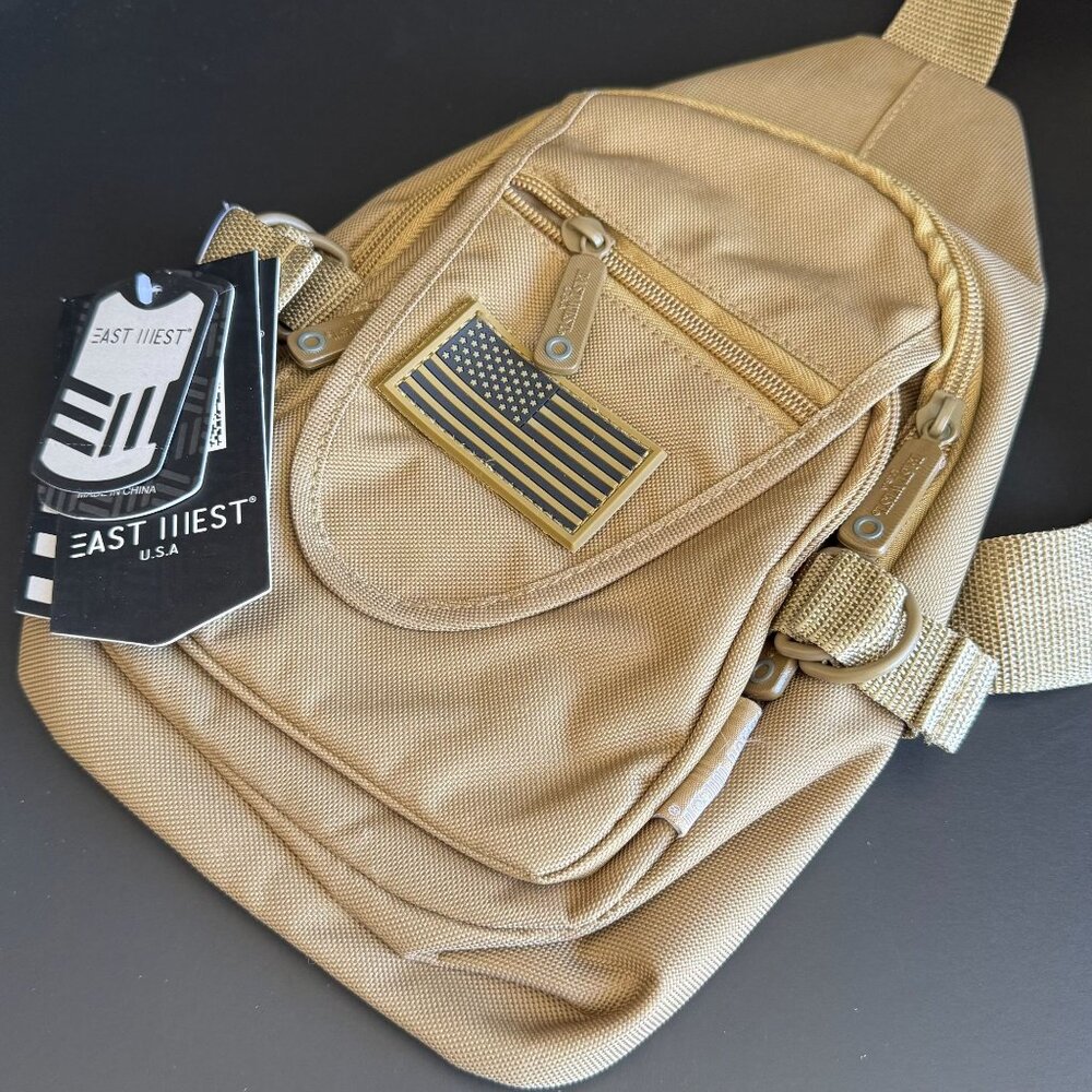 Tactical Sling Crossbody Bag With American Flag Patch & Adjustable Strap - East/